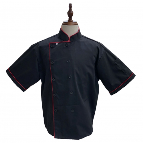 Áo bếp ngắn tay màu đen phối viền đỏ